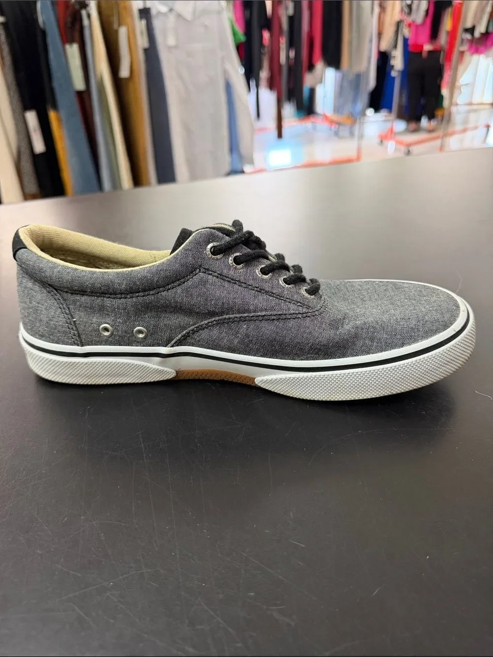 Sperry Gray Canvas Boat Shoes with Black Laces